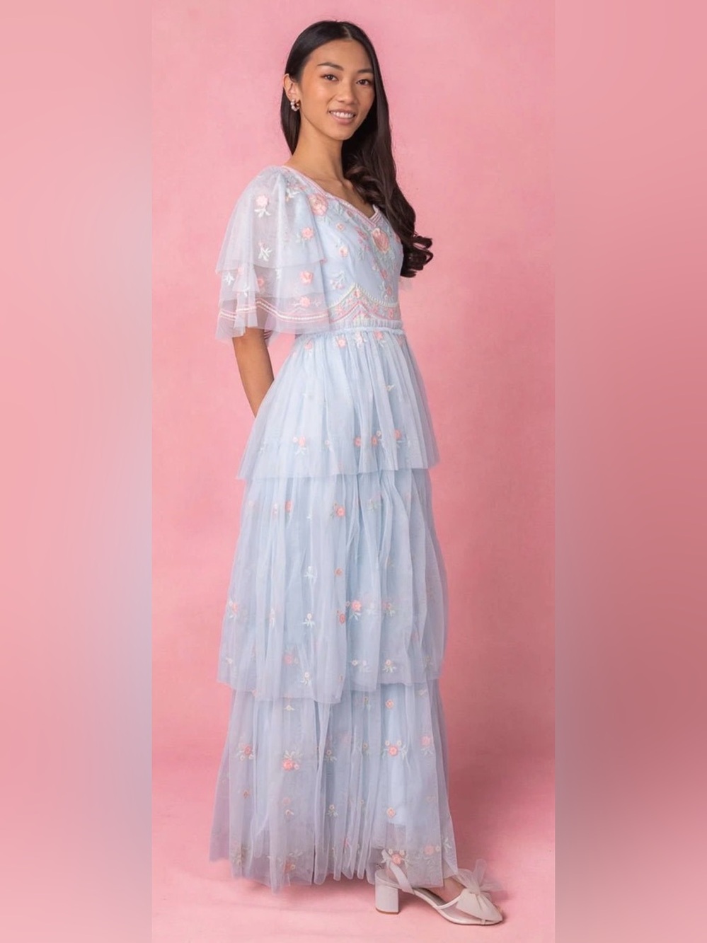 Ivy City Co Chantilly Light Blue Tiered Floral Embroidered Tulle Dress